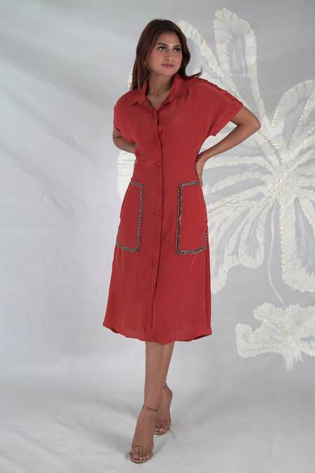 Buy_Seesa_Maroon Beads Collared Virago Embroidered Front Pocket Midi Dress _Online_at_Aza_Fashions