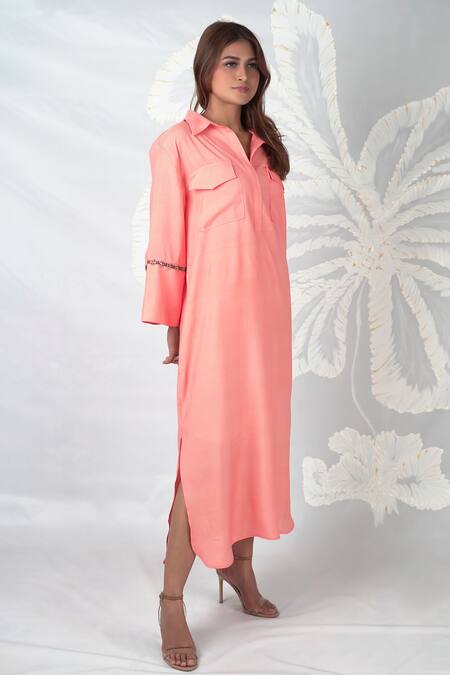 Seesa Pink Linen Stones, Beads Collared Mira Embroidered Long Dress Online at Aza Fashions Seesa_Pink Linen Stones, Beads Collared Mira Embroidered Long Dress _Online_at_Aza_Fashions
