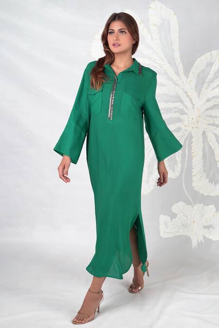 Seesa_Green Viscose Beads Collared Mira Placket Embroidered Long Dress _Online_at_Aza_Fashions