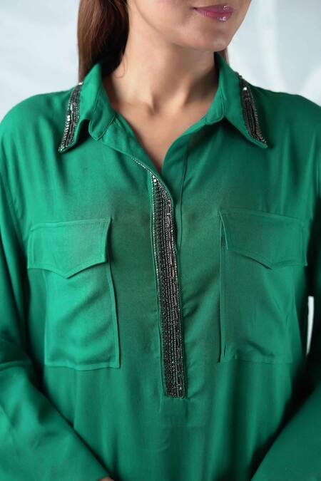 Buy_Seesa_Green Viscose Beads Collared Mira Placket Embroidered Long Dress _Online_at_Aza_Fashions