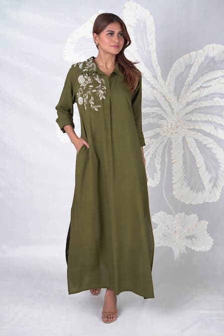Seesa Green Viscose Embroidered Bead Elira Peridot Placement Dress 