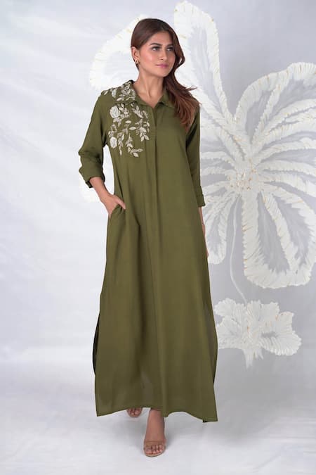 Seesa Green Viscose Embroidered Bead Collared Elira Peridot Placement Dress 