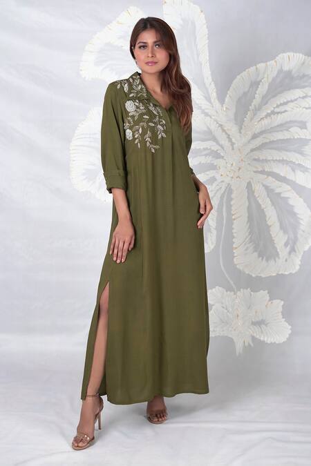 Seesa Green Viscose Embroidery Collared Elira Peridot Placement Dress Online at Aza Fashions Seesa_Green Viscose Embroidery Collared Elira Peridot Placement Dress _Online_at_Aza_Fashions