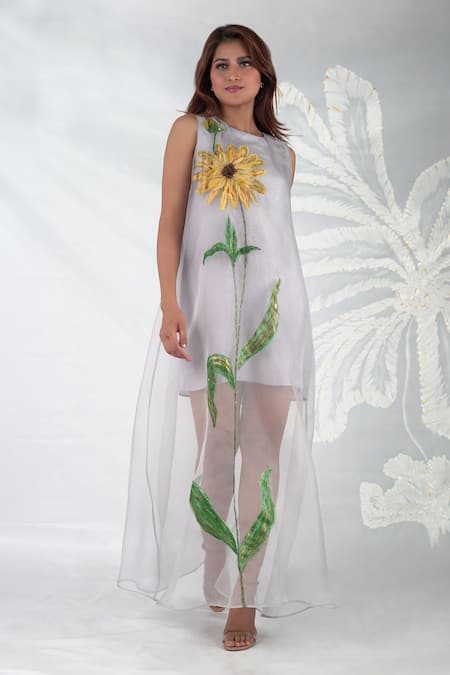 Buy Seesa Grey Organza Round Neck Aysel Sunflower Long Dress Online at Aza Fashions Buy_Seesa_Grey Organza Round Neck Aysel Sunflower Long Dress _Online_at_Aza_Fashions
