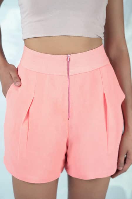 Shop_Seesa_Pink Georgette Rinesa High Waist Shorts _Online_at_Aza_Fashions