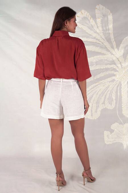 Shop_Seesa_Maroon Chiffon Embroidery Collared Gala Shirt _at_Aza_Fashions