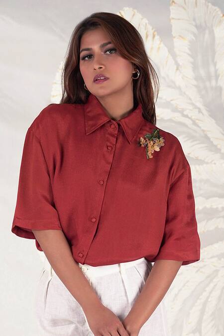 Seesa_Maroon Chiffon Embroidery Collared Gala Shirt _Online_at_Aza_Fashions