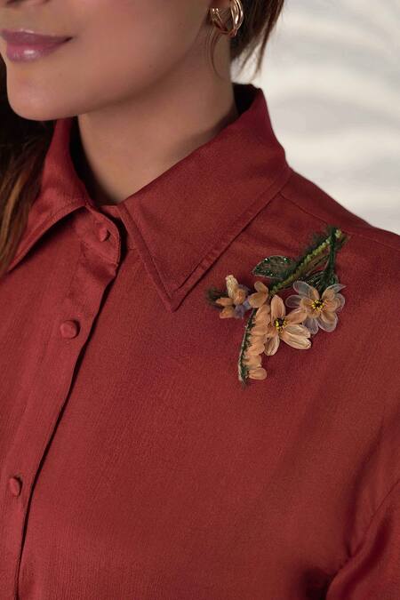 Buy_Seesa_Maroon Chiffon Embroidery Collared Gala Shirt _Online_at_Aza_Fashions