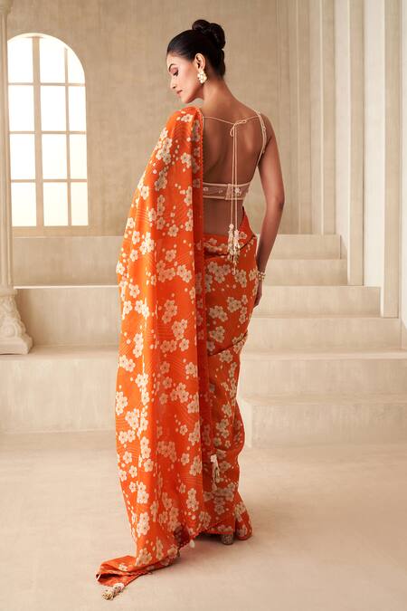 Shop Taavare Orange Tulle, Tissue, Organza Floral Print Saree With Embellished Blouse at Aza Fashions Shop_Taavare_Orange Tulle, Tissue, Organza Floral Print Saree With Embellished Blouse_at_Aza_Fashions