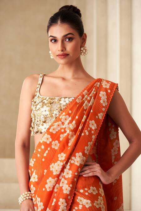 Taavare Orange Tulle, Tissue, Organza Floral Print Saree With Embellished Blouse Online at Aza Fashions Taavare_Orange Tulle, Tissue, Organza Floral Print Saree With Embellished Blouse_Online_at_Aza_Fashions