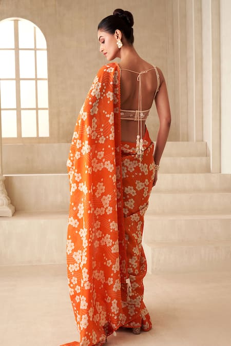 Shop Taavare Orange Tulle, Tissue, Organza, Silk Embroidery, Floral Print Saree With Blouse at Aza Fashions Shop_Taavare_Orange Tulle, Tissue, Organza, Silk Embroidery, Floral Print Saree With Blouse_at_Aza_Fashions
