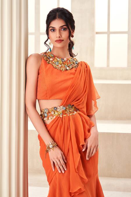 Taavare_Orange Chiffon Applique, Sequins, Cut Work Pre-draped Saree With Floral Blouse_Online_at_Aza_Fashions