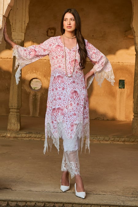 Sage Saga Red Lace Embroidery Jamuna Chantilly Kurta 