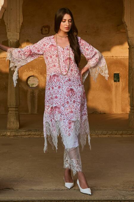 Sage Saga Red Lace Embroidery Jamuna Chantilly Kurta at Aza Fashions Sage Saga_Red Lace Embroidery Jamuna Chantilly Kurta _at_Aza_Fashions