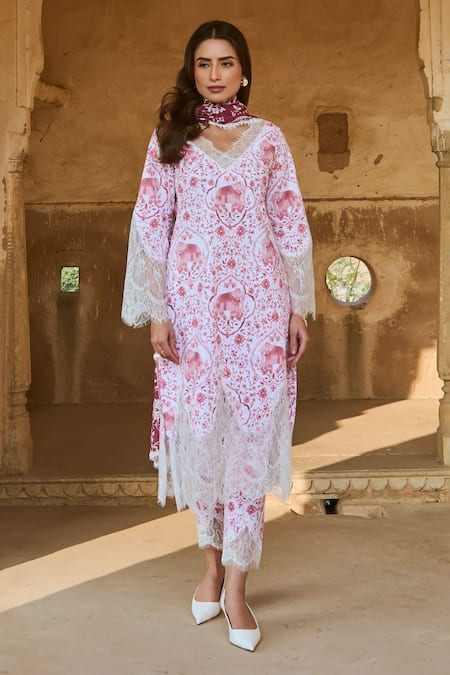 Sage Saga Red Cotton Embroidery, Lace V-neck Floral Print And Chantilly Kurta at Aza Fashions Sage Saga_Red Cotton Embroidery, Lace V-neck Floral Print And Chantilly Kurta _at_Aza_Fashions