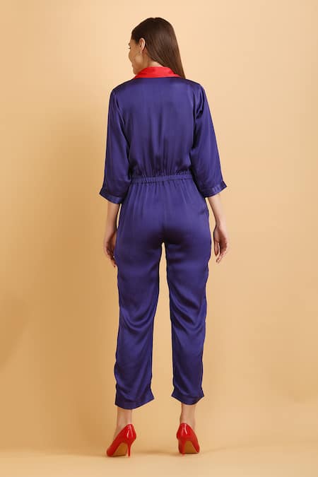 Label Ivish Contrast Collar & Placket Satin Jumpsuit 