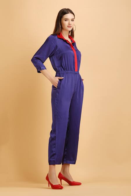 Label Ivish_Blue Satin Split V-neck Contrast Collar And Placket Jumpsuit _Online_at_Aza_Fashions