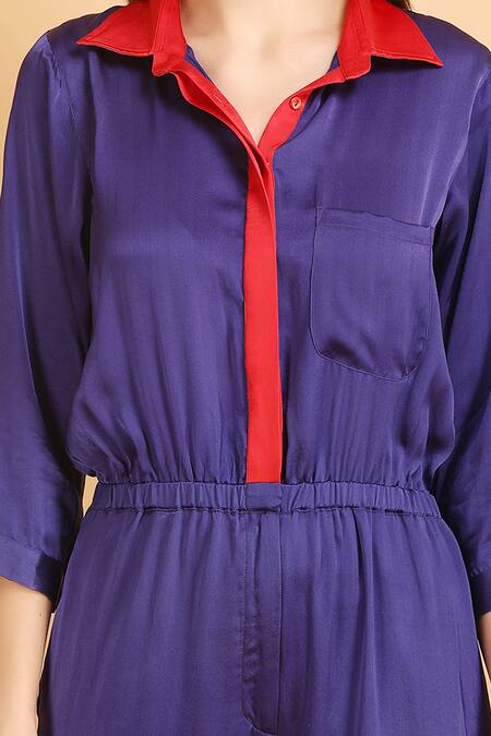 Buy_Label Ivish_Blue Satin Split V-neck Contrast Collar And Placket Jumpsuit _Online_at_Aza_Fashions