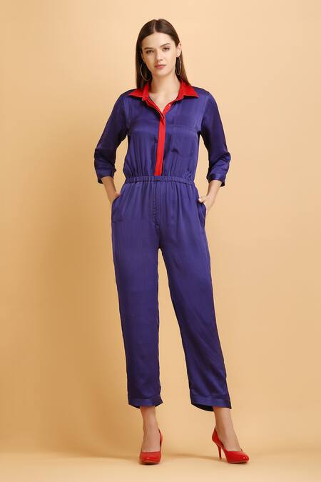 Shop_Label Ivish_Blue Satin Split V-neck Contrast Collar And Placket Jumpsuit _Online_at_Aza_Fashions