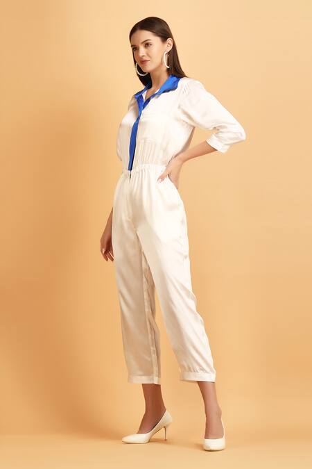 Label Ivish_Ivory Satin Collared Contrast And Placket Jumpsuit _Online_at_Aza_Fashions