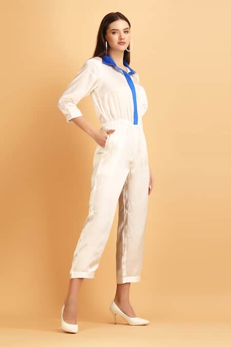 Buy_Label Ivish_Ivory Satin Collared Contrast And Placket Jumpsuit _Online_at_Aza_Fashions