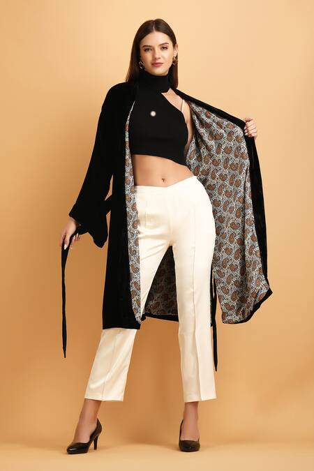 Label Ivish_Black Velvet, Satin, Muslin Open Neck Kimono Wrap Tunic Trouser Set _Online_at_Aza_Fashions