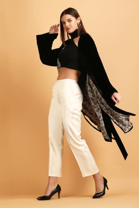 Buy_Label Ivish_Black Velvet, Satin, Muslin Open Neck Kimono Wrap Tunic Trouser Set _Online_at_Aza_Fashions