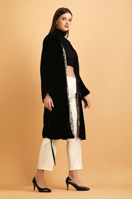 Shop_Label Ivish_Black Velvet, Satin, Muslin Open Neck Kimono Wrap Tunic Trouser Set _Online_at_Aza_Fashions