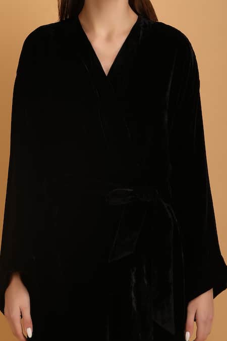 Label Ivish_Black Velvet, Satin, Muslin Open Neck Kimono Wrap Tunic Trouser Set _at_Aza_Fashions