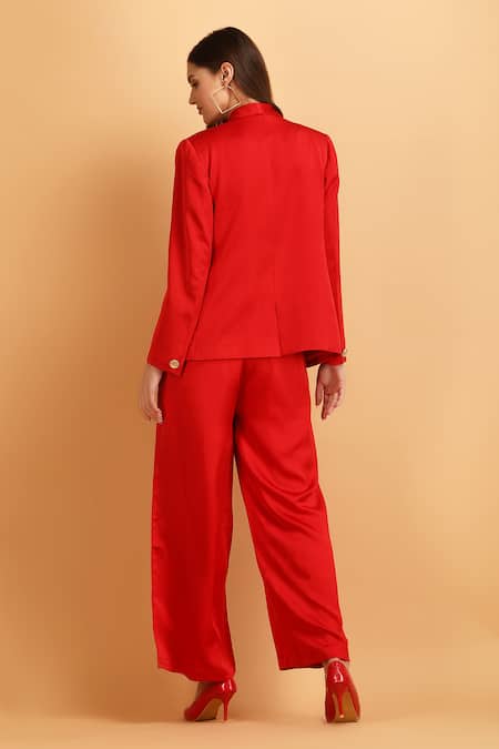 Label Ivish Red Satin Blazer & Trouser Set 