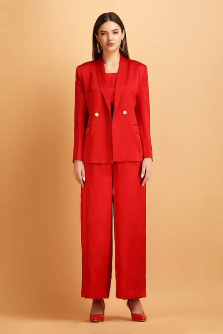 Label Ivish_Red Satin Round Neck Blazer And Trouser Set _Online_at_Aza_Fashions