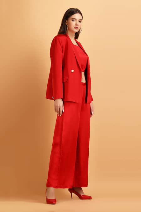 Buy_Label Ivish_Red Satin Round Neck Blazer And Trouser Set _Online_at_Aza_Fashions