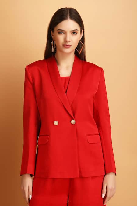 Shop_Label Ivish_Red Satin Round Neck Blazer And Trouser Set _Online_at_Aza_Fashions