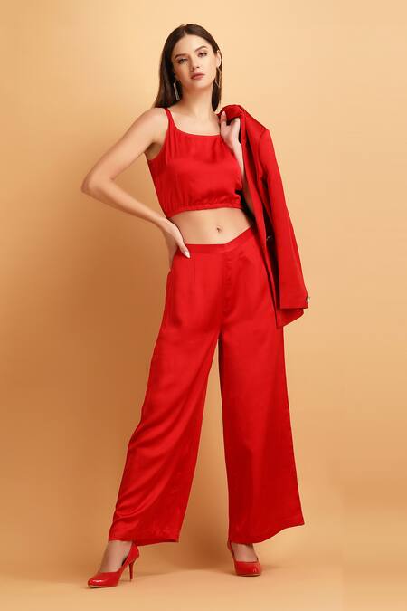 Label Ivish_Red Satin Round Neck Blazer And Trouser Set _at_Aza_Fashions