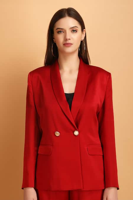 Label Ivish_Red Satin Lapel Collar Blazer Set _Online_at_Aza_Fashions