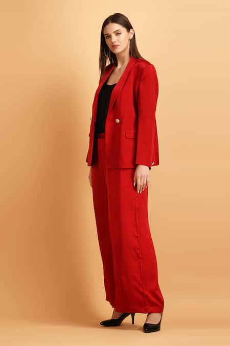 Shop_Label Ivish_Red Satin Lapel Collar Blazer Set _Online_at_Aza_Fashions