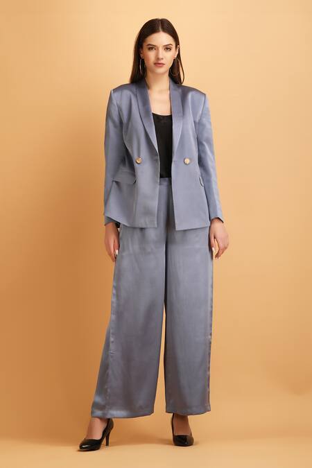 Label Ivish_Grey Satin Lapel Collar Blazer Set _Online_at_Aza_Fashions