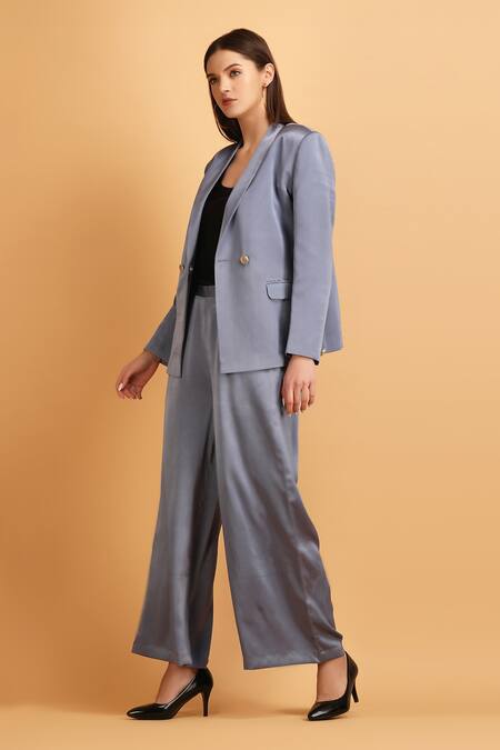 Buy_Label Ivish_Grey Satin Lapel Collar Blazer Set _Online_at_Aza_Fashions
