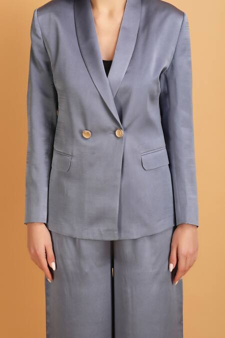 Label Ivish_Grey Satin Lapel Collar Blazer Set _at_Aza_Fashions