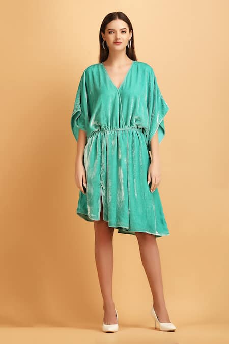 LABEL IVISH Green Velvet Plain V Neck Dolman Sleeves Asymmetric Dress  