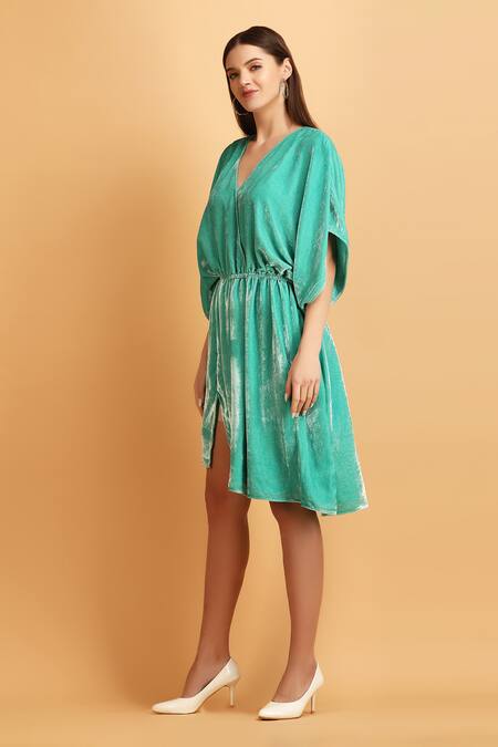 Buy_Label Ivish_Green Velvet V-neck Dolman Sleeves Asymmetric Dress _Online_at_Aza_Fashions