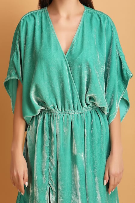 Shop_Label Ivish_Green Velvet V-neck Dolman Sleeves Asymmetric Dress _Online_at_Aza_Fashions