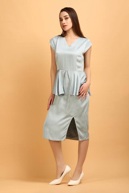 Label Ivish_Gray Satin V-neck Grey Peplum Midi Dress _Online_at_Aza_Fashions