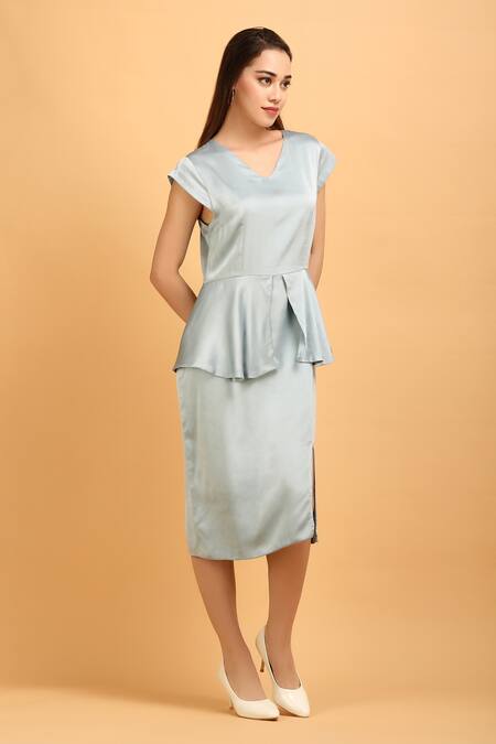 Buy_Label Ivish_Gray Satin V-neck Grey Peplum Midi Dress _Online_at_Aza_Fashions