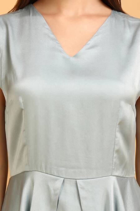 Label Ivish_Gray Satin V-neck Grey Peplum Midi Dress _at_Aza_Fashions