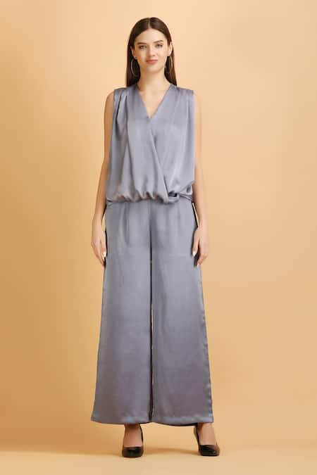 LABEL IVISH Grey Satin Plain V Neck Wrap Top With Flared Trouser 