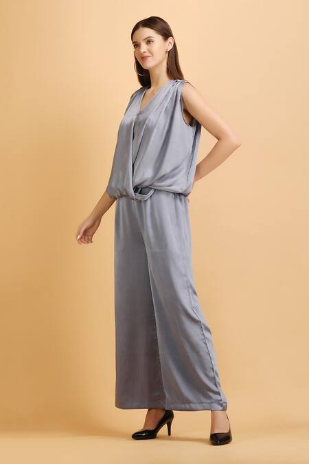 Label Ivish_Grey Satin V-neck Wrap Top With Flared Trouser _Online_at_Aza_Fashions