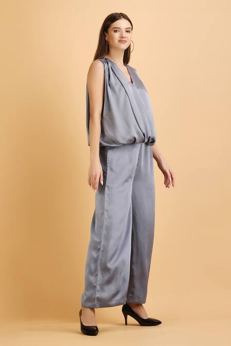 Buy_Label Ivish_Grey Satin V-neck Wrap Top With Flared Trouser _Online_at_Aza_Fashions