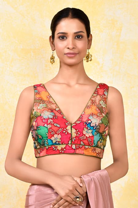 Nazaakat by Samara Singh Multi Color Silk Woven Bloom Zari V Neck Blouse