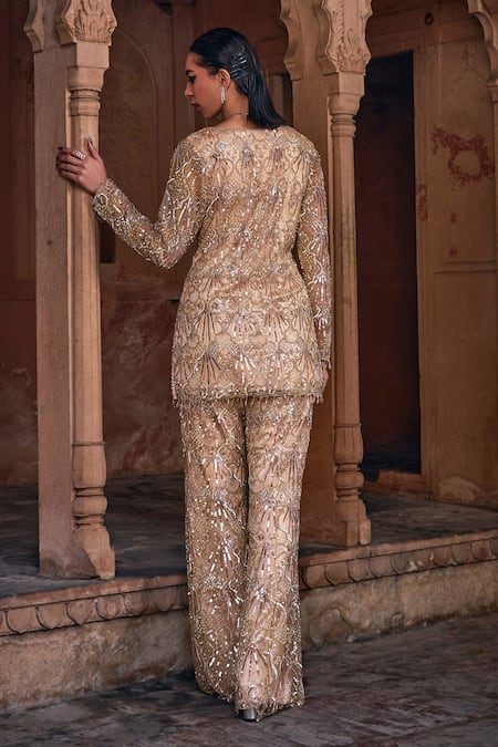 Shop Diyarajvvir Gold Tulle, Satin, Lycra Sequins, And Embroidered Kurta With Bell Bottom Pant at Aza Fashions Shop_Diyarajvvir_Gold Tulle, Satin, Lycra Sequins, And Embroidered Kurta With Bell Bottom Pant _at_Aza_Fashions